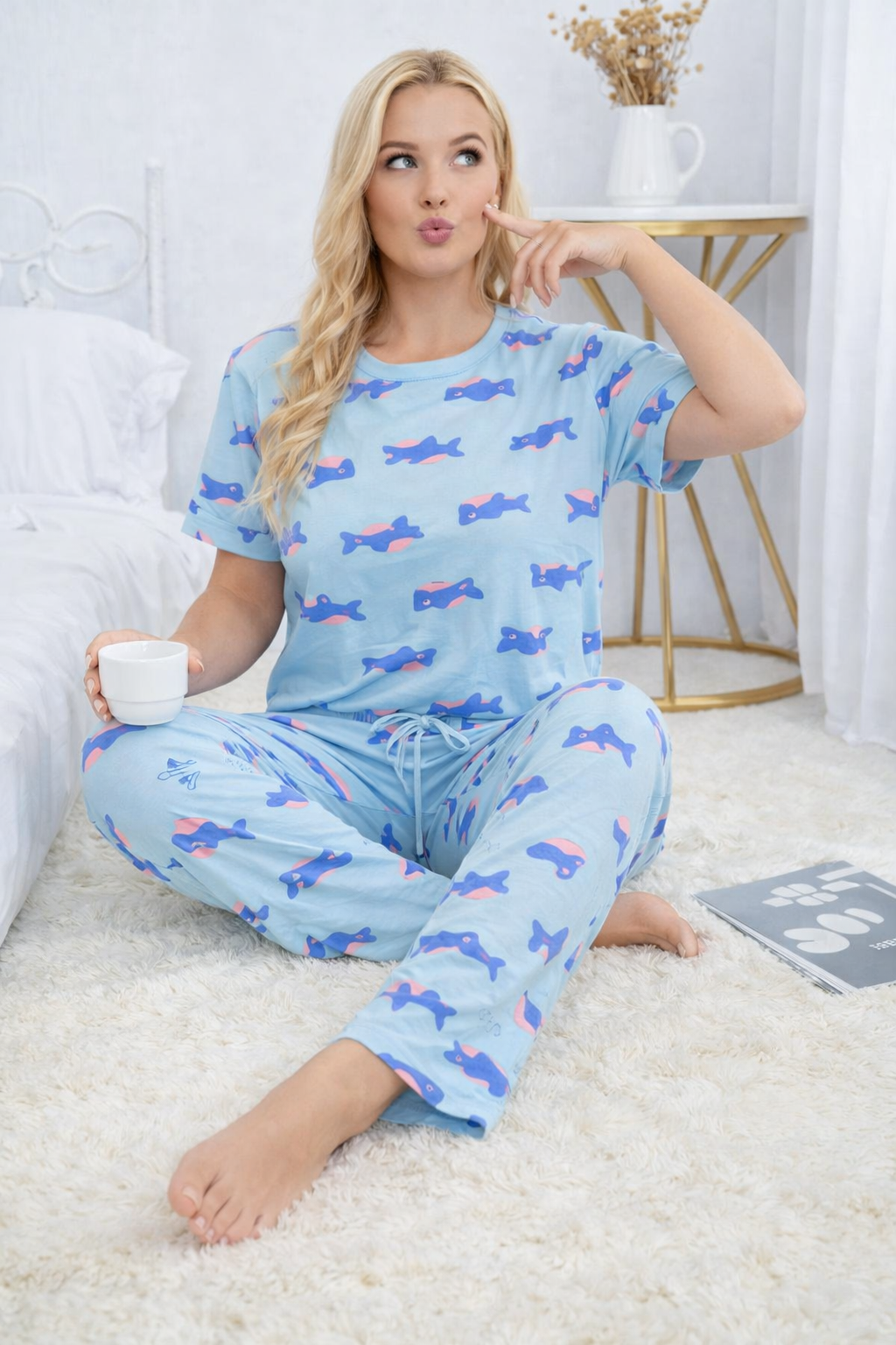 Women’s Soft Cotton Pajama Set – Cute Printed Short Sleeve Top & Relaxed Fit Pants Nightwear Loungewear