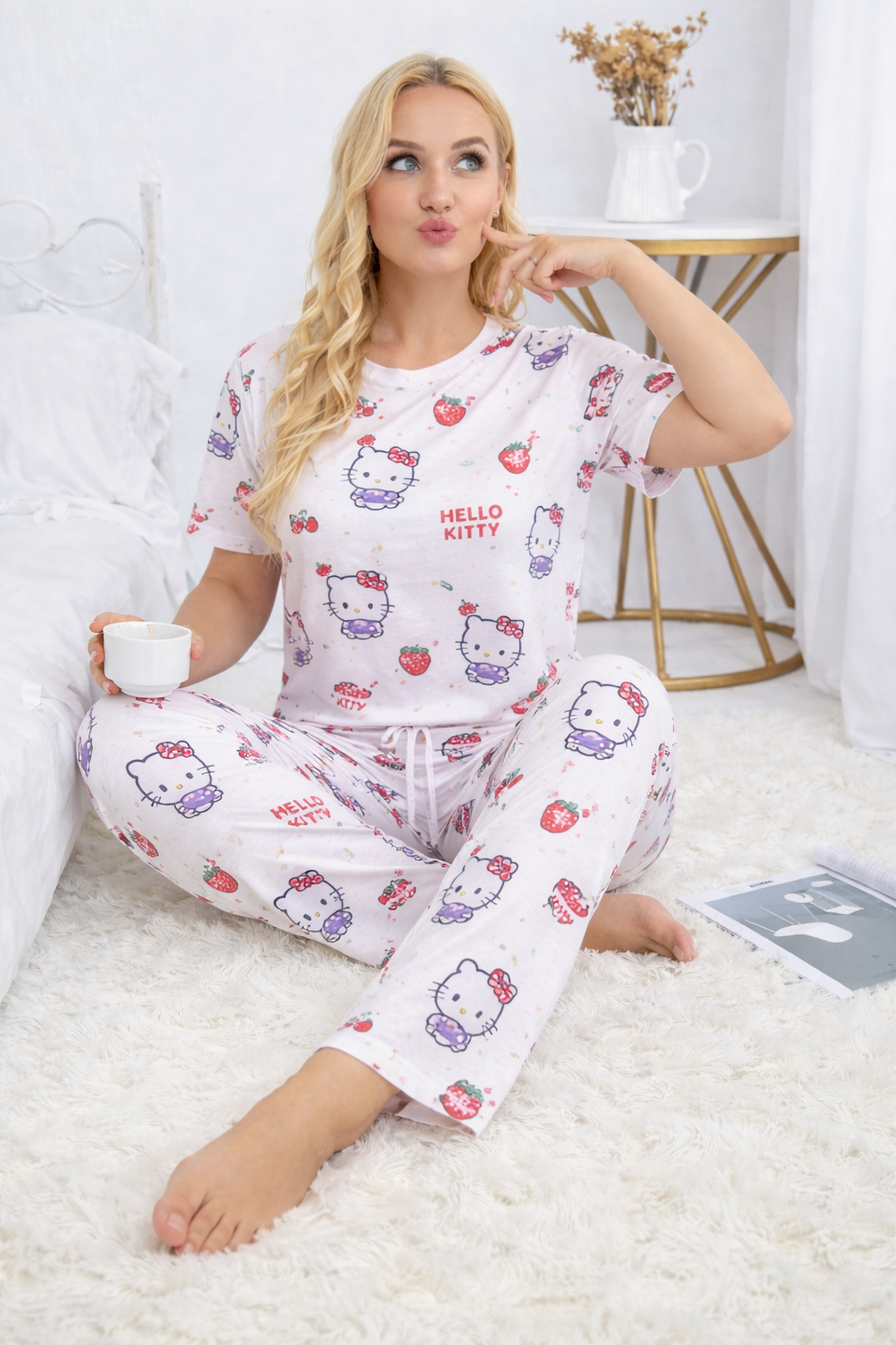 Women’s Soft Cotton Pajama Set – Cute Printed Short Sleeve Top & Relaxed Fit Pants Nightwear Loungewear
