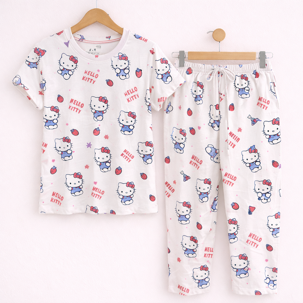 Women’s Soft Cotton Pajama Set – Cute Printed Short Sleeve Top & Relaxed Fit Pants Nightwear Loungewear
