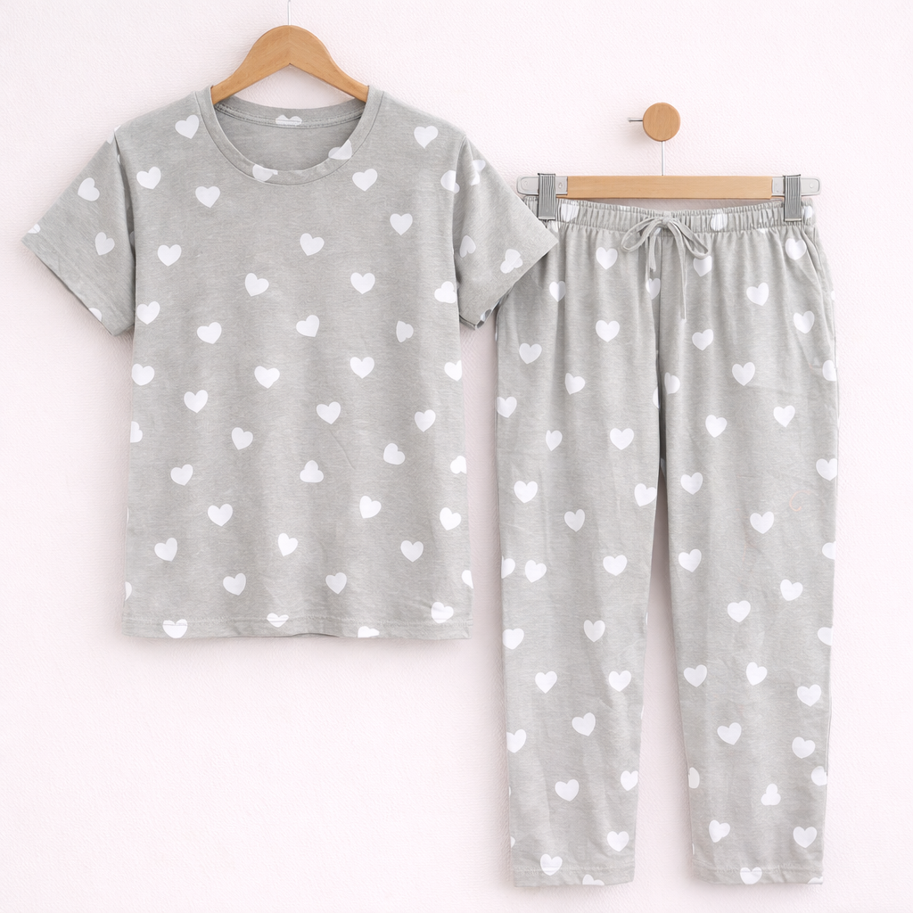 Women’s Soft Cotton Pajama Set – Cute Printed Short Sleeve Top & Relaxed Fit Pants Nightwear Loungewear