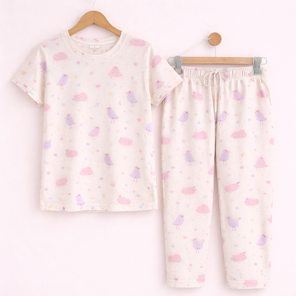 Women’s Soft Cotton Pajama Set – Cute Printed Short Sleeve Top & Relaxed Fit Pants Nightwear Loungewear