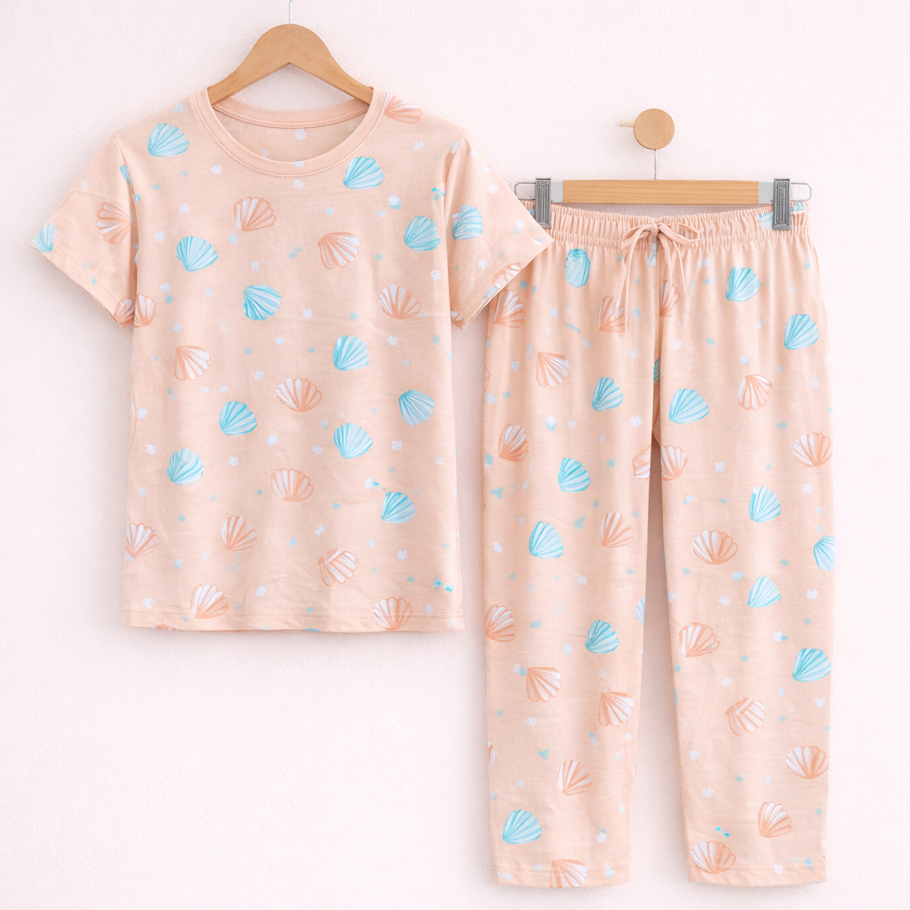 Women’s Soft Cotton Pajama Set – Cute Printed Short Sleeve Top & Relaxed Fit Pants Nightwear Loungewear