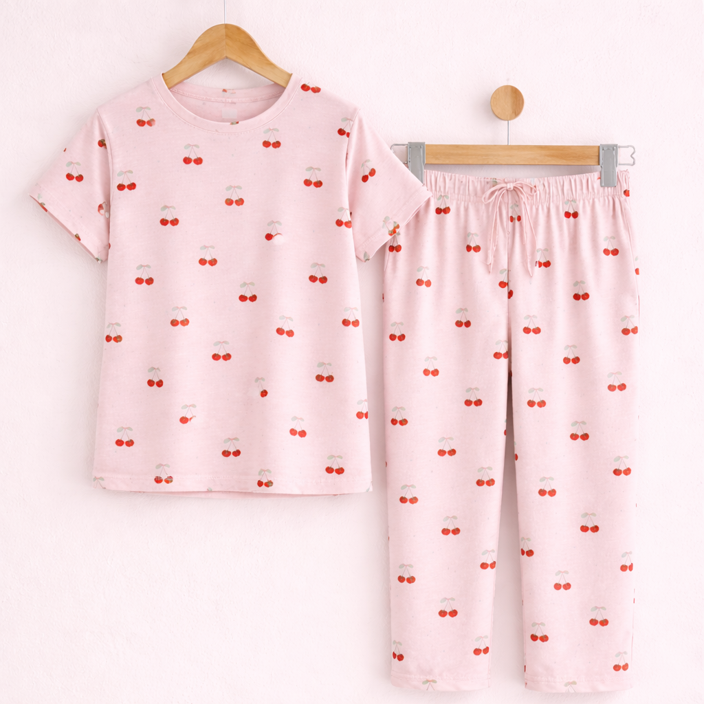 Women’s Soft Cotton Pajama Set – Cute Printed Short Sleeve Top & Relaxed Fit Pants Nightwear Loungewear