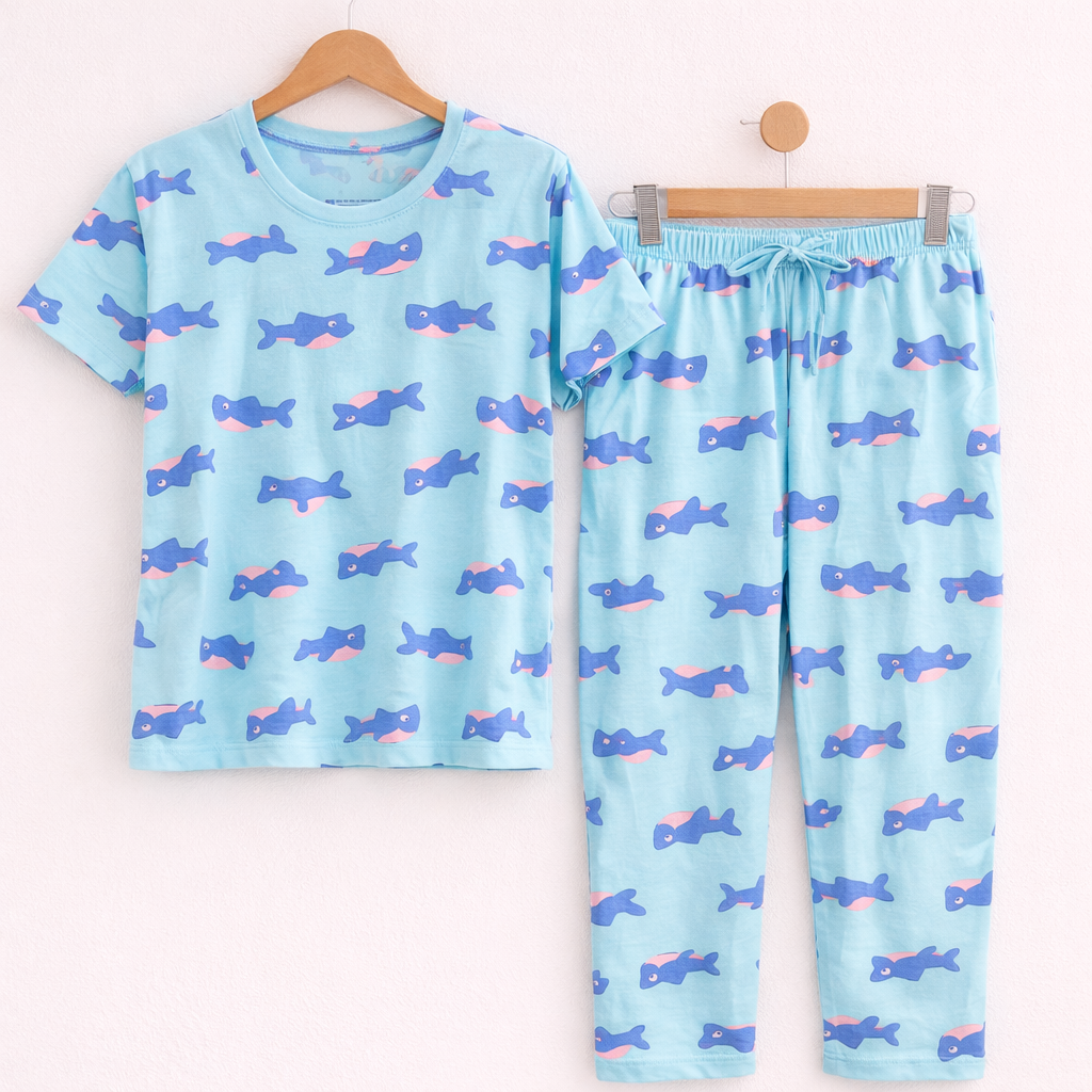 Women’s Soft Cotton Pajama Set – Cute Printed Short Sleeve Top & Relaxed Fit Pants Nightwear Loungewear