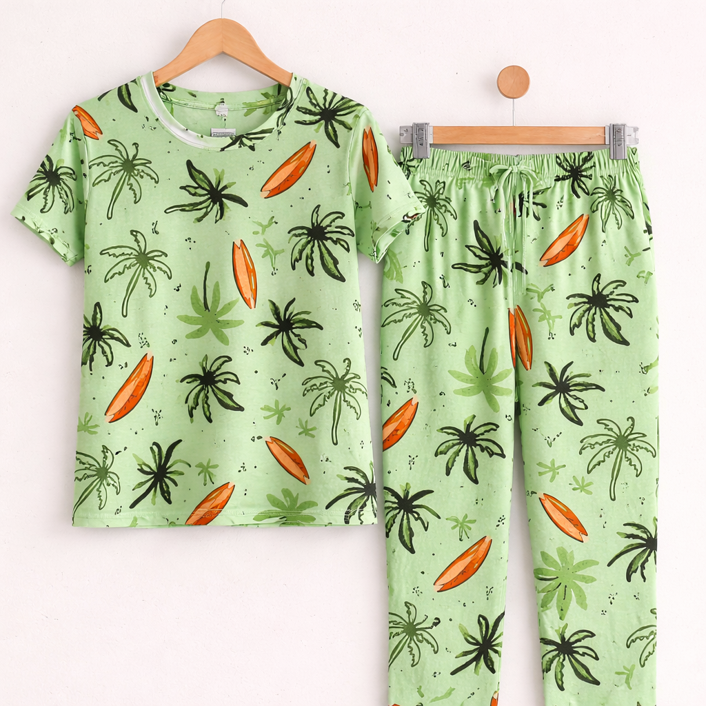 Women’s Soft Cotton Pajama Set – Cute Printed Short Sleeve Top & Relaxed Fit Pants Nightwear Loungewear