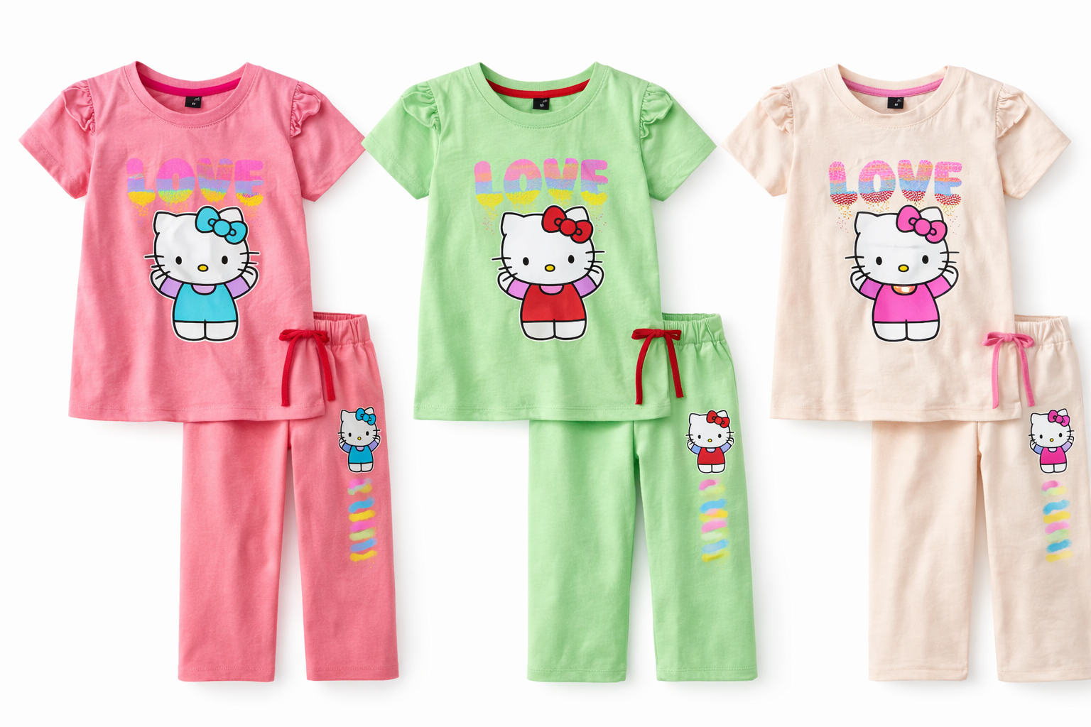 Girls Hello Kitty 2 Piece Pajama Set – Soft Cotton T-Shirt & Pants Outfit | Kids Sleepwear Set