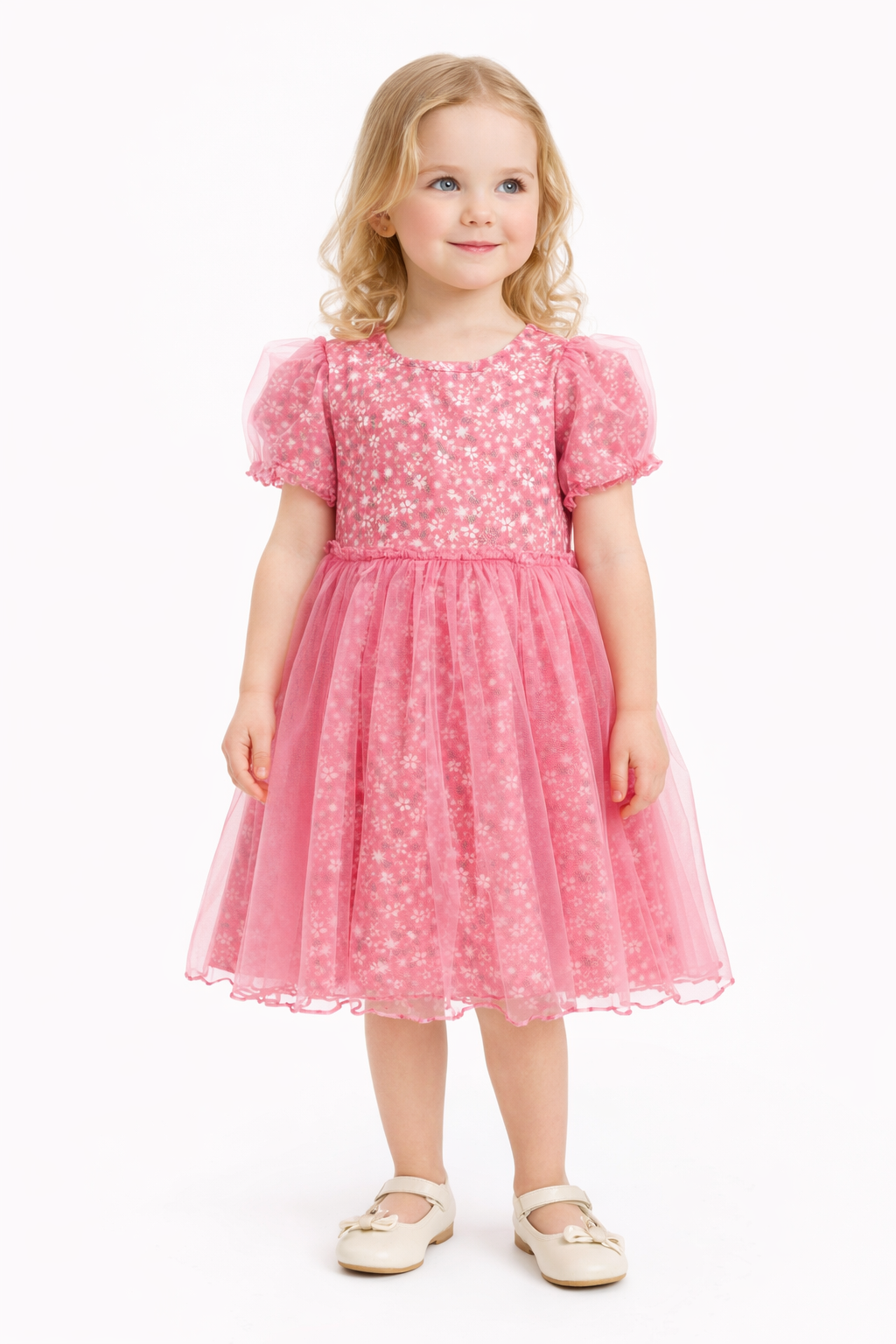 Girls Pink Tulle Party Dress – Floral Puff Sleeve Princess Frock for Kids (Age 1 to 4 years)
