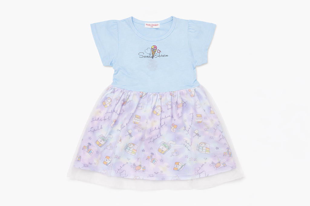 Girls Ice Cream Print Dress – Cute Blue Top & Pastel Skirt Party Frock for Kids