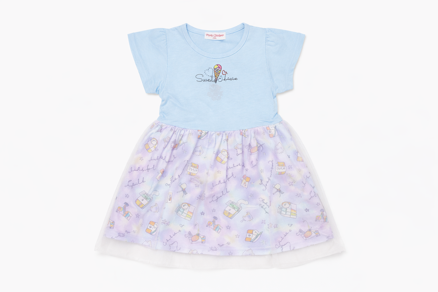 Girls Ice Cream Print Dress – Cute Blue Top & Pastel Skirt Party Frock for Kids