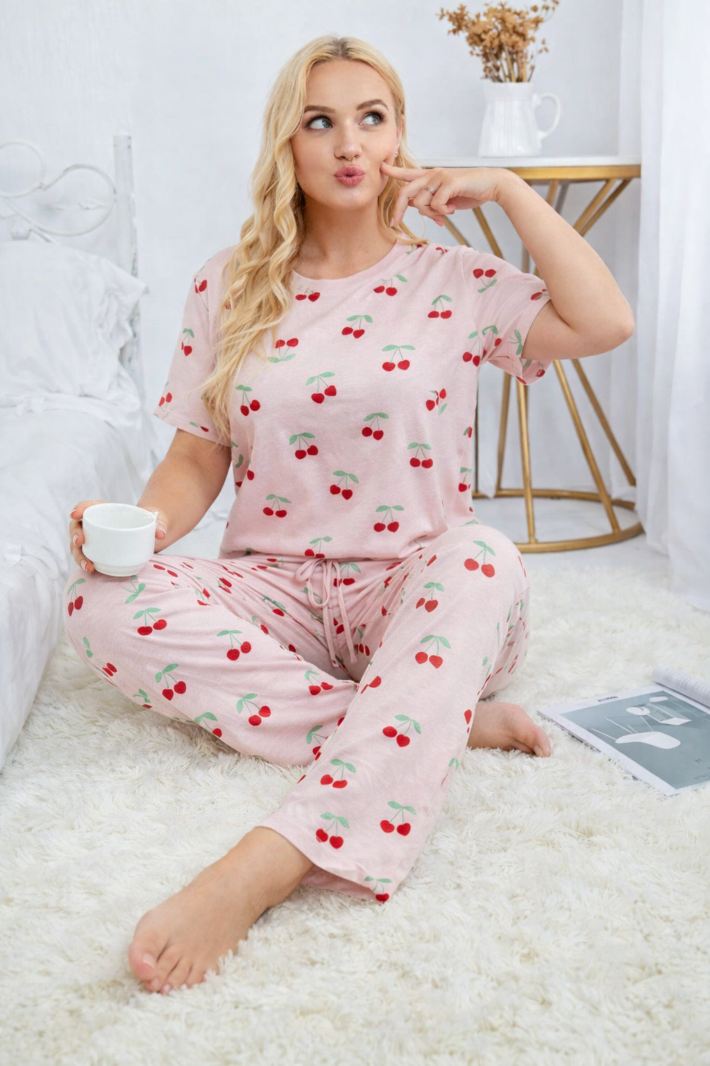 Women’s Soft Cotton Pajama Set – Cute Printed Short Sleeve Top & Relaxed Fit Pants Nightwear Loungewear
