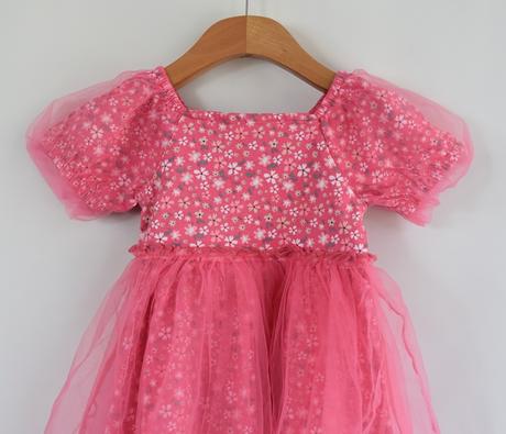 Girls Pink Tulle Party Dress – Floral Puff Sleeve Princess Frock for Kids (Age 1 to 4 years)